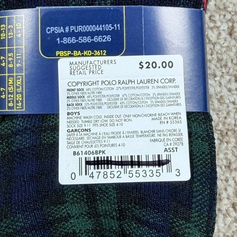 Polo Ralph Lauren 3 Pack Boys Polo Bear Plaid Crew Socks Size 9-11 Shoe 4-10 NEW